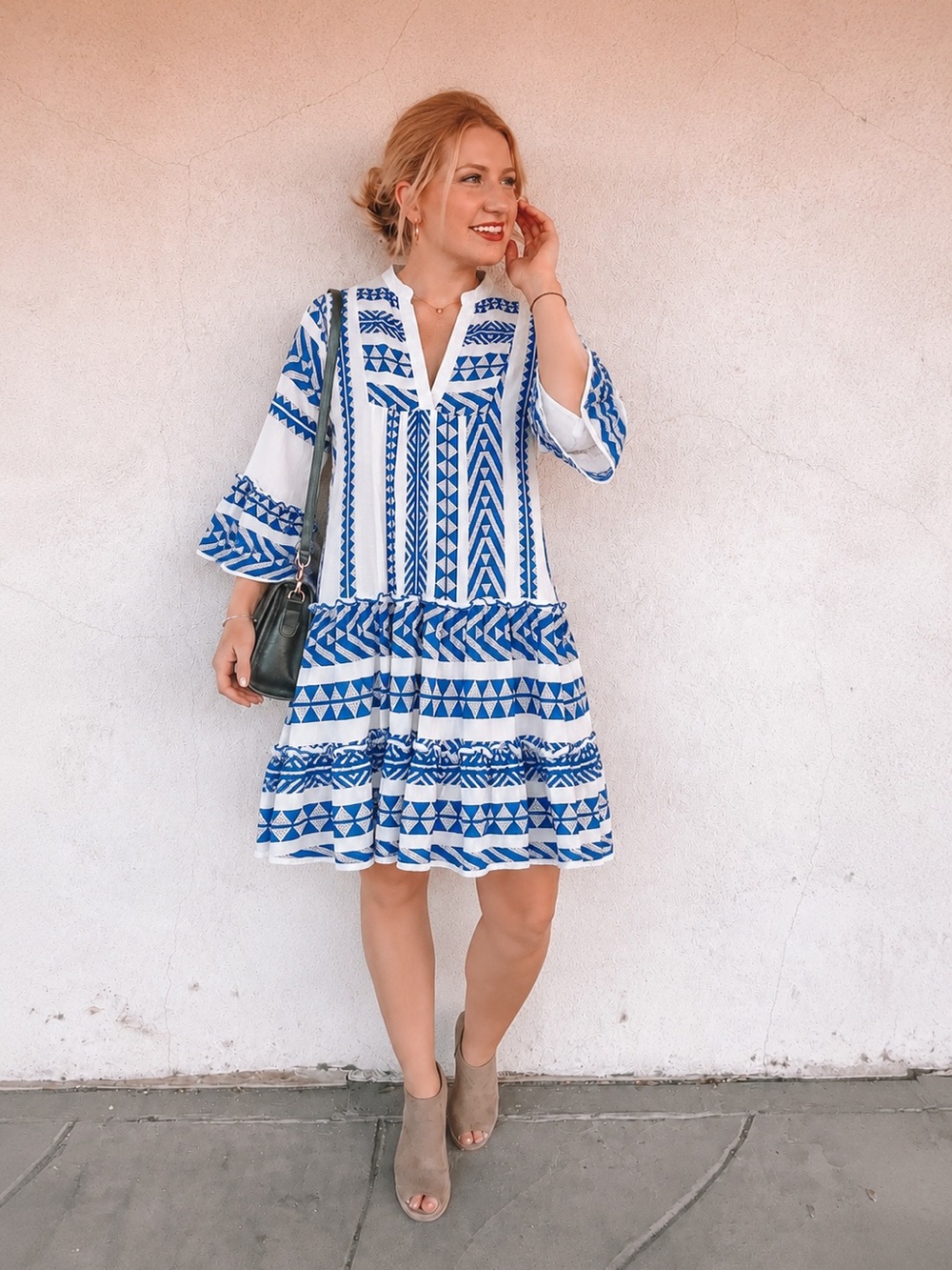 THML White and Blue Long Sleeve Patterned Tiered Dress
